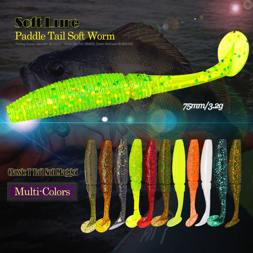6pcs/lot T Tail Soft Worm 3.2g 75mm Paddle